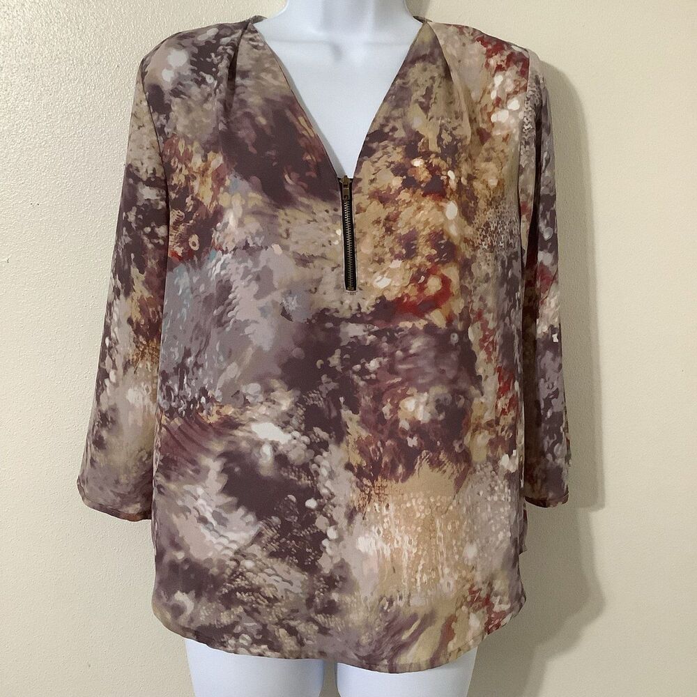 Belissimo Multicolor‎ Boho Artsy Casual Summer Hippie Bohemian Zip Up Blouse S